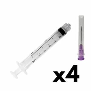 Kit 4 Seringas Luer Lock 3ml + Agulha Hipodérmica 20mm X 0,55mm 24g (Roxa)