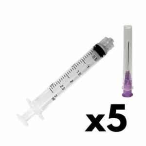 Kit 5 Seringas Luer Lock 3ml + Agulha Hipodérmica 20mm X 0,55mm 24g (Roxa)
