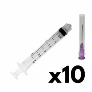 Kit 10 Seringas Luer Lock 3ml + Agulha Hipodérmica 20mm X 0,55mm 24g (Roxa)